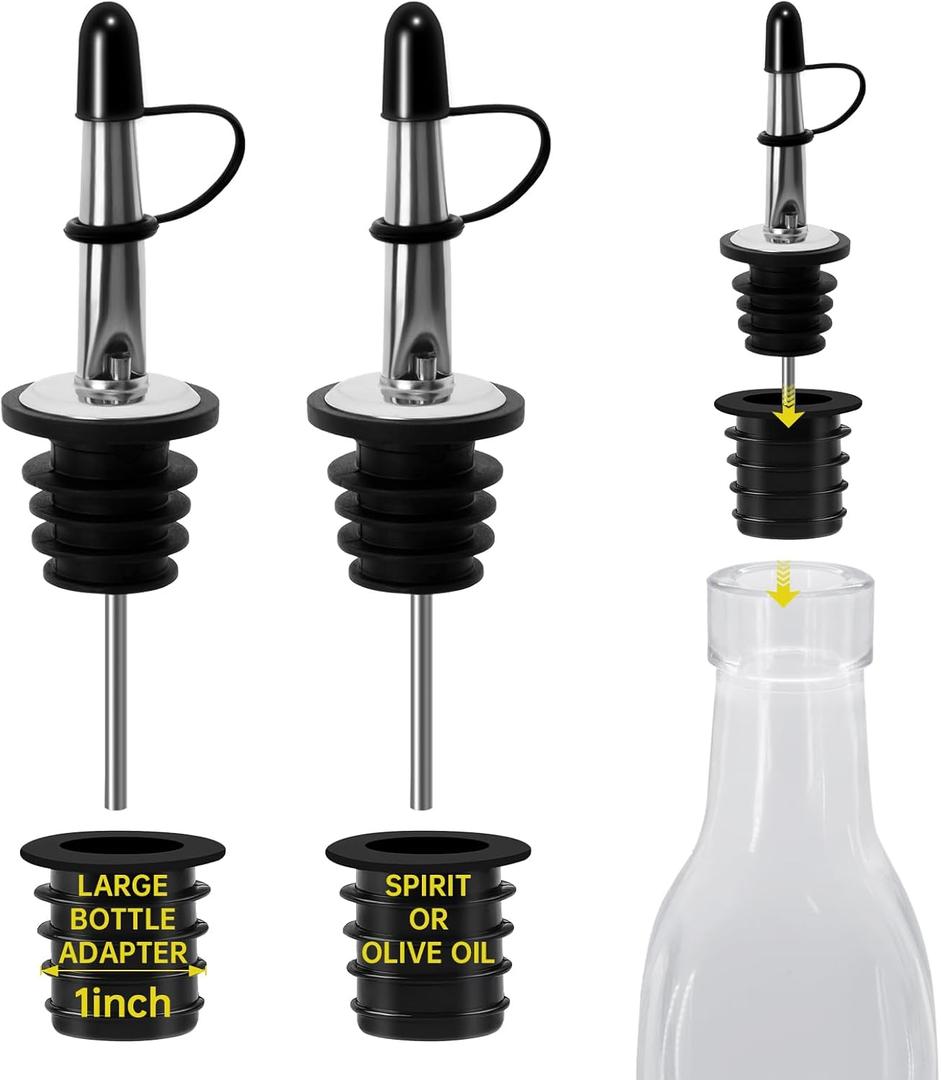 2Pcs Stainless Steel Dust Caps Bottle Pourers,2pourer+ 2Adapters for Large Neck Bottles,Also for Olive Oil, Juice, Syrup,Converts Any Spout into a Large Pour Spout (2)