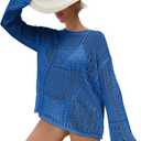 Crochet Cover Up Hollow Out Drop Shoulder Cover-ups Knit Long Sleeve Beach Dress for Women (Blue, S)