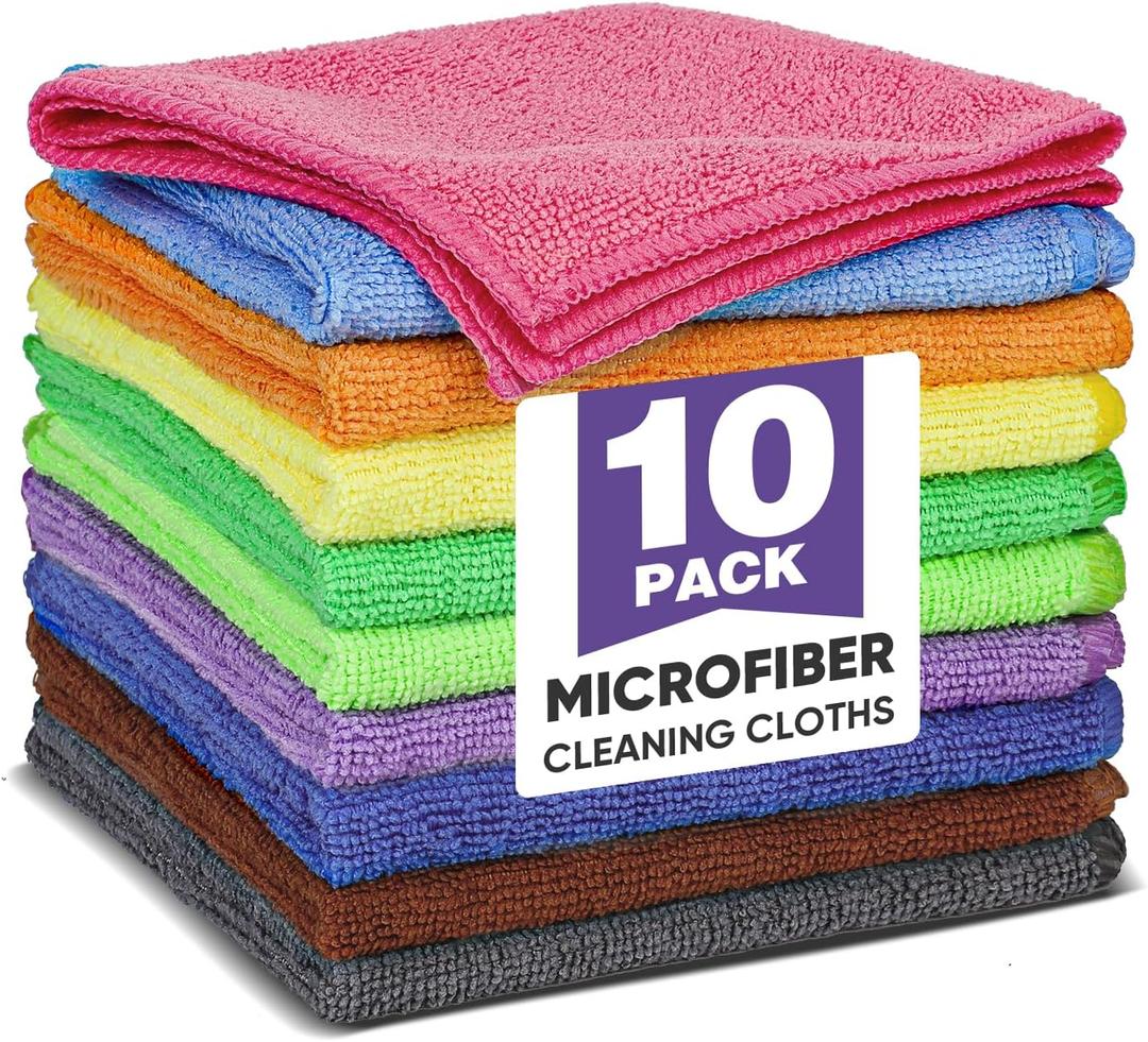 TEAWOO 10 Colors Microfiber Cleaning Cloths, 10 Pack Assorted Cleaning Rags, Highly Absorbent Microfiber Towels for Car, Kitchen, Bathroom and Household Cleaning, 11.8" x 11.8"