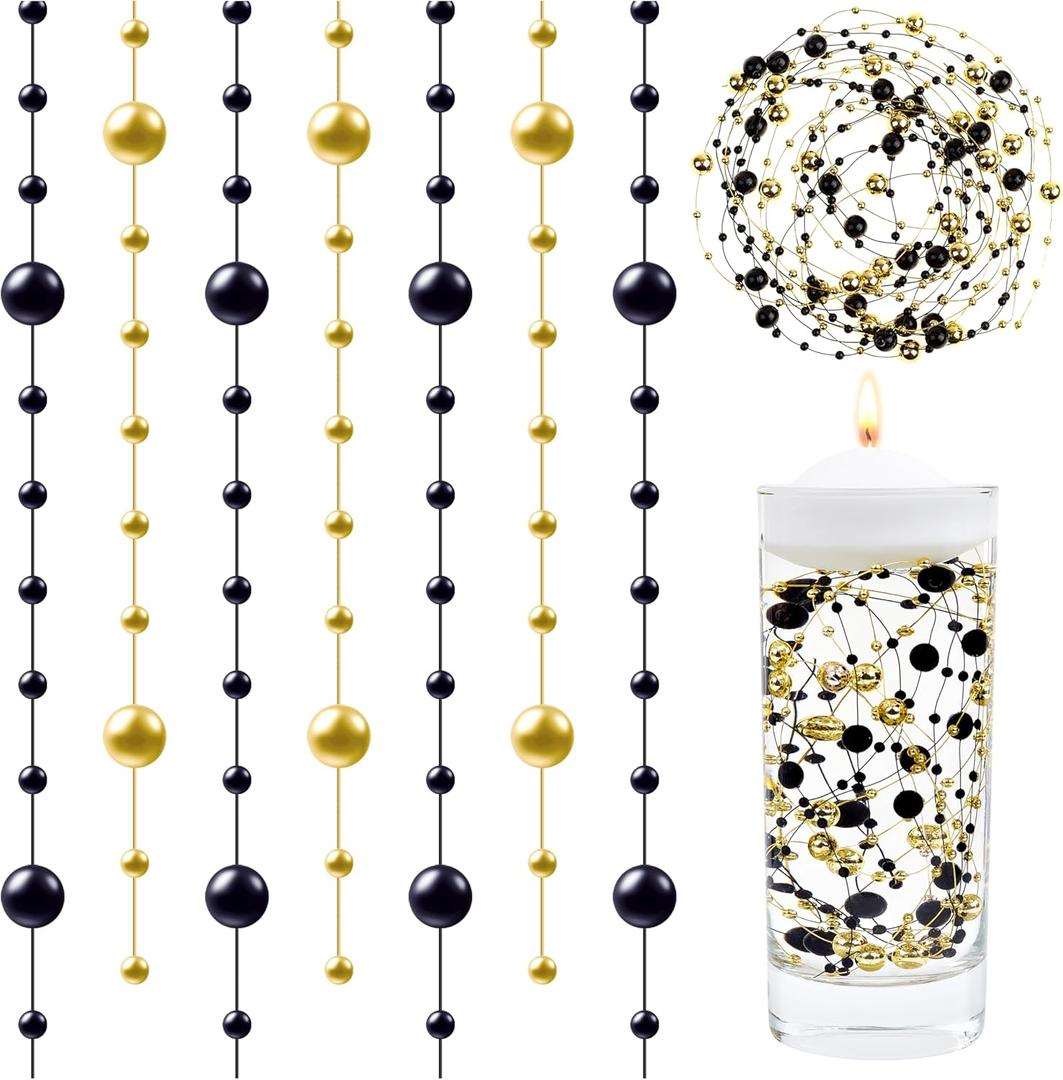 LAIDANLA 30 Pcs Black and Gold Artificial Floating Pearls for Vases Faux Pearl Beads String for Vase Filler Floating Candle Wedding Birthday Party Garland Table Decor