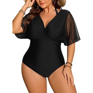 Floerns Women's Plus Size One Piece Swimsuit Floral Print Halter Tie Back Short Sleeve Beachwear Plain Black XX-Large Plus
