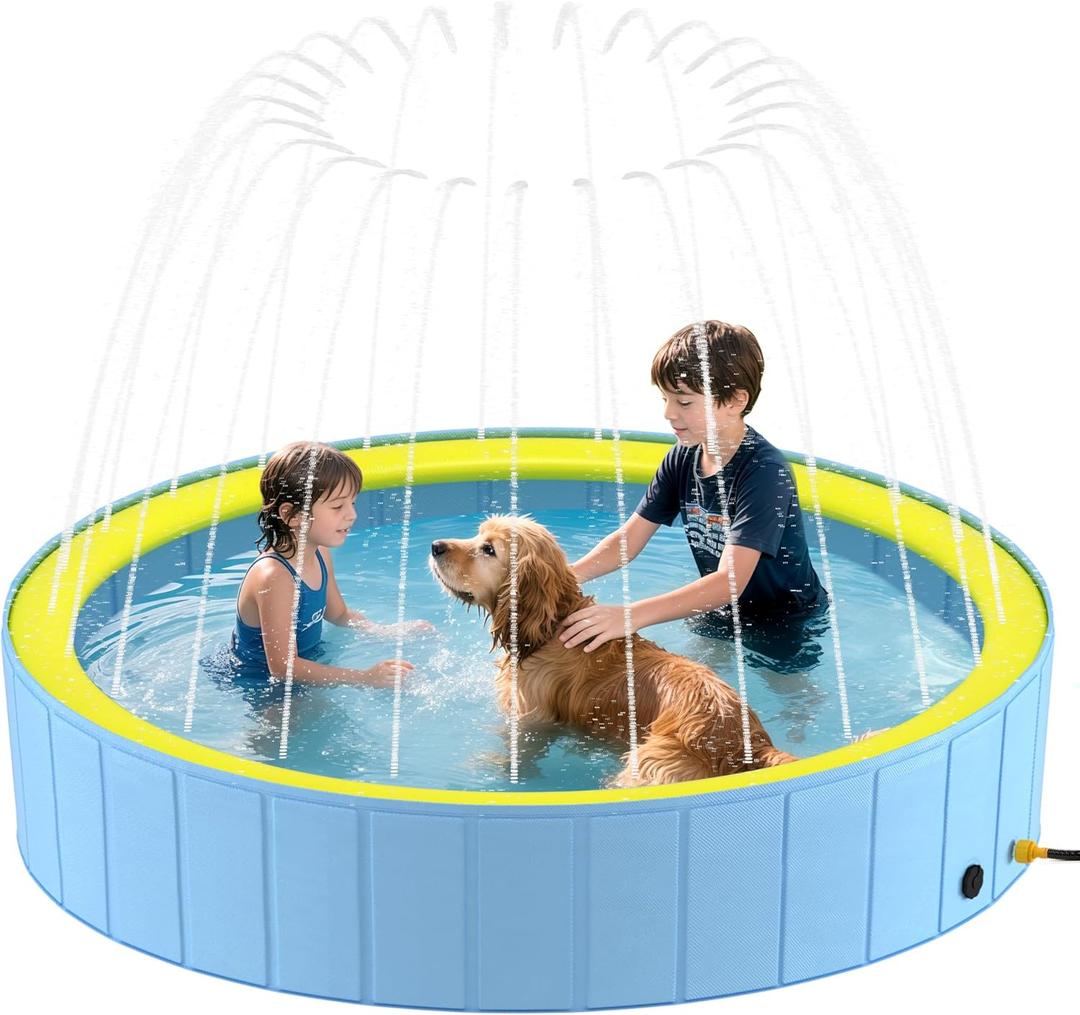 Heeyoo Foldable Dog Pool with Sprinkler for Large Dogs, Portable Hard Plastic PVC Pet Bathing Tub, Outdoor Collapsible Swimming Pool for Pets, 79''x 12''