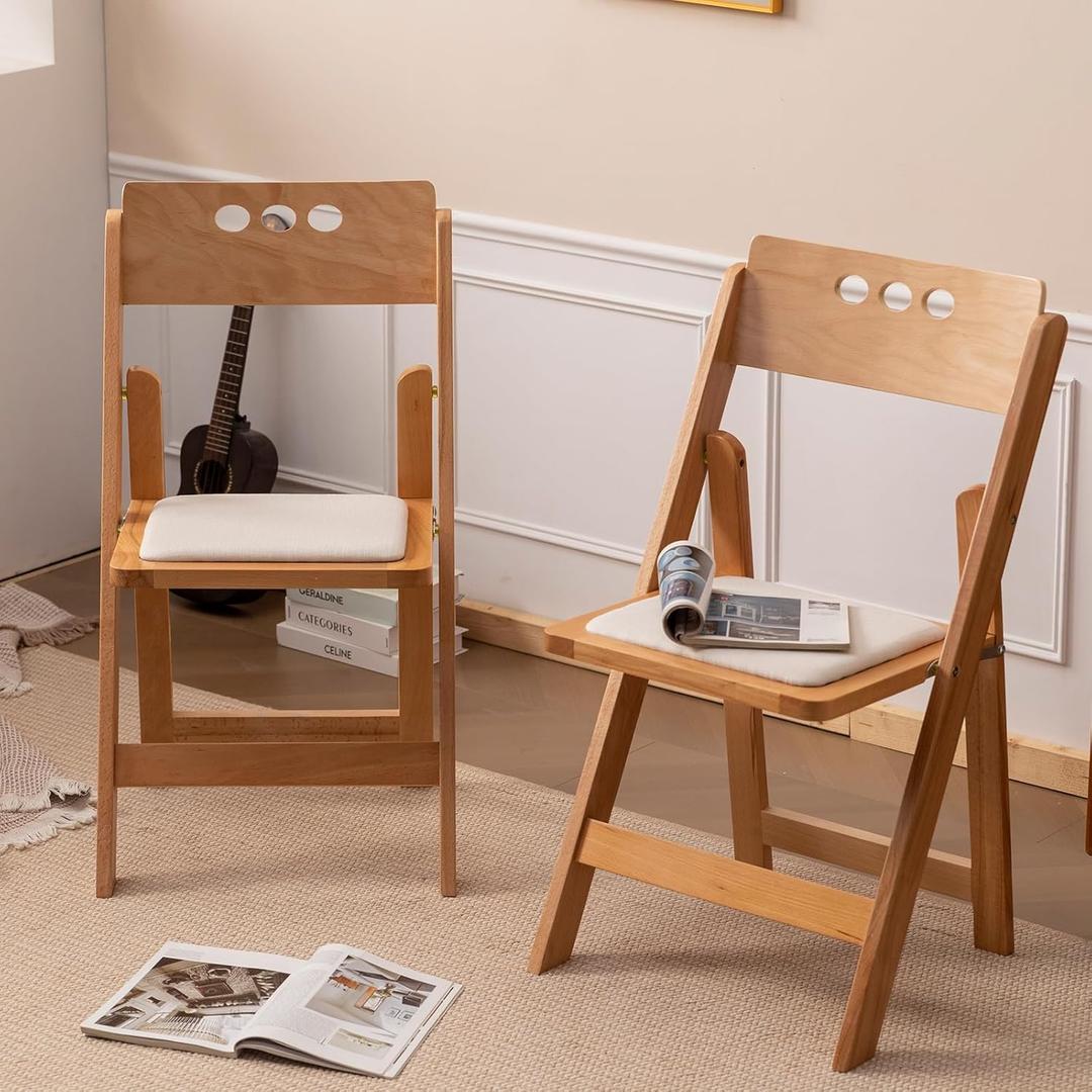Wooden Folding Chair with Soft Cushion, Simple and Stylish, Comfortable and Durable, Suitable for Weddings, banquets and Events, 4 Sets, high backrest NaturalLinen pad