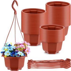 Roshtia 24 Pcs Hanging Plastic Planter Pot with Hook Flower Pots Baskets Hanging Nursery Planter Holder for Outdoor Indoor Plant Garden(Brown,6 Inch)
