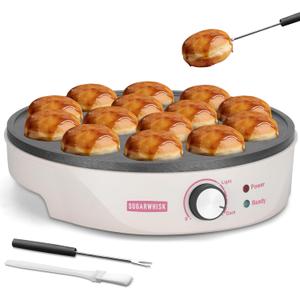 SugarWhisk Mini Pancakes Maker Machine with 14 Larger & Deeper Grooves, Electric Mini Pancake Pan, Aebleskiver Pan, Ebelskiver Pan, Browning Controllable, White