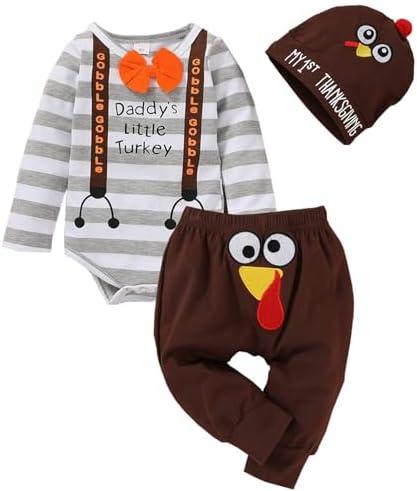 SEVEN YOUNG Thanksgiving/Christmas Outfits Infant Baby Boys Xmas Stripe Rompers+Turkey/Deer Pant Set Bodysuit Fall Clothes Size 90
