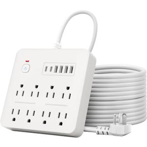 6 FT Flat Plug Surge Protector Power Strip,8 Multiple AC Outlets with 6 USB Ports (2 USB C), 6 Feet Extension Cord, 1250W/10A, One Touch Switch Button, 17 in 1 Compact powerstrip (White, 6FT)