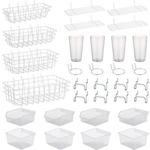 Yookeer 32 Pieces Pegboard Organizer Set Peg Board Rack with Hooks,Loops Wire Shelves Garage Storage, Craft Workshop, Workbench Assortment Organizer Tools(White)