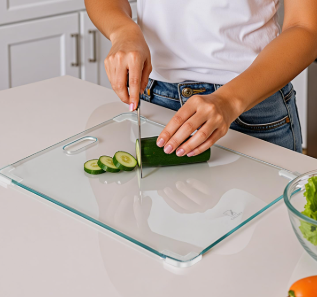 Tempered Glass Cutting Board , Large 12x16 Glass Cutting Board for Kitchen with 4 NonSlip Feet, Heat & Shatter Resistant, Dishwasher Safe, Includes Bonus Sponge & Cloth,Perfect Kitchen GiftClear