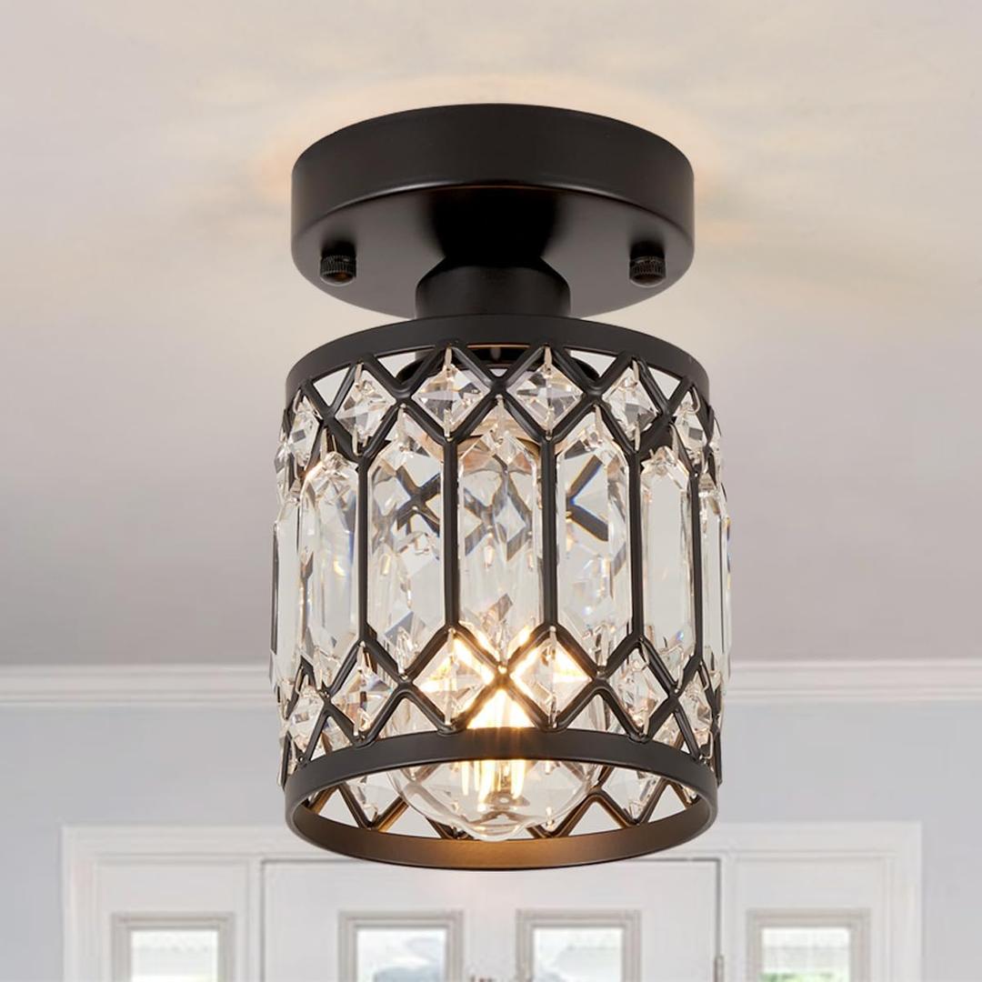 Crystal Black Ceiling Lights Modern Semi Flush Mount Ceiling Light Fixture,Farmhouse Rustic Chandelier for Entryway Porch Aisle Corridor Balcony