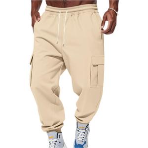 Mens Fleece Cargo Sweatpants Drawstring Waist Baggy Jogger Pants with Pockets Soft Athletic Winter Track Pants, 36 W, Beige