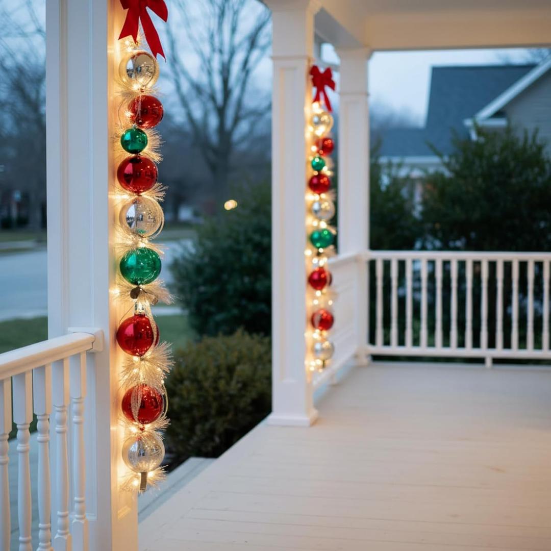 5.9 ft Christmas Garland with Lights for Porch Decor Xmas White Feather Boa Garland with 5.9 Inch Red Blue Shatterproof Balls, 9 Inch Large Bow and LED Lights Indoor Outdoor Front Door Tree