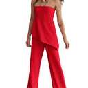 TERIVEEK Summer Knit Sweater Sets for Women 2 Piece Vacation Outfits Strapless Tube Top and Pants Sets Matching Lounge Set (Red, L)