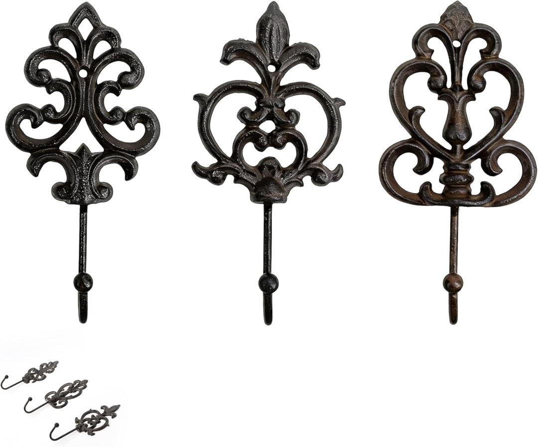 Vintage Decorative Cast Iron Wall Hooks  Set of 3 Heavy Duty Vintage Hooks for Hanging Coats, Towels, Keys & Bags  Antique French Country Farmhouse Decor  Rust Resistant with Easy Mounting Kit