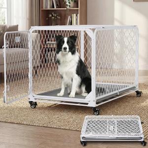 36 Inch Collapsible Dog Crate with Diamond Mesh, No-Tool Assembly Foldable Dog Kennel with 4 Lockable Wheels,Removable Tray,Portable Dog Cage for Medium/Large Dogs, Space-Saving, Indoor Outdoor Use