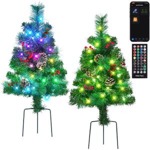 2 Pack of 28 INCH Pre-Lit Artificial Pathway Christmas Trees,Outdoor Christmas Tree for Porch,Yard,Driveway,Lighted Christmas Tree with Pine Cones,Red Berries and Red Ornaments Home Decoration