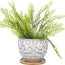 VanEnjoy 5.5 inch Large Round Bohemian Style Ceramic Planter, Geometry Engrave Off White Brown Succulent Planter Flower Pot - Indoor Outdoor Decorative Planter (#01)
