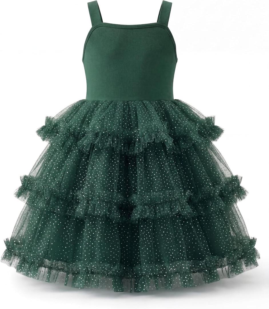 Arshiner Toddler Girls Tulle Dress Tiered Ruffle Fluffy Spaghetti Straps Tutu Dresses Summer Clothes (Green)
