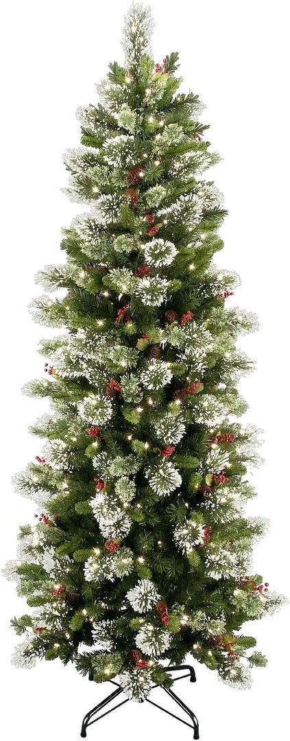 National Tree Company Pre-lit Artificial Christmas Tree | Includes Pre-strung White Lights and Stand | Flocked with Cones, Red Berries and Snowflakes | Wintry Pine Slim - 7.5 ft