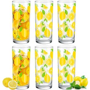 LemonRoad 6 Packs Lemon Pattern Highball Glasses 10 oz Tall Lemon Drinking Glasses Summer Drinkware or Iced Tea, Cocktails, Juice-summer Citrus Themed Glassware Set