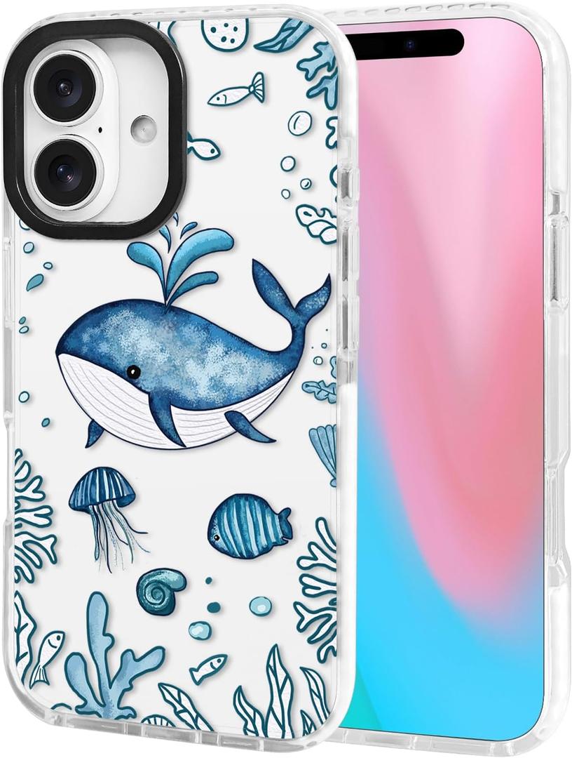 ChiCsFleur for iPhone 16 Case, TPU Phone case with Camera Protection for Women Girls Teens - Blue Whale Jellyfish Coral Fish Kawaii Design Artsy Cartoon Gift Ocean Sorority Aesthetic Unique