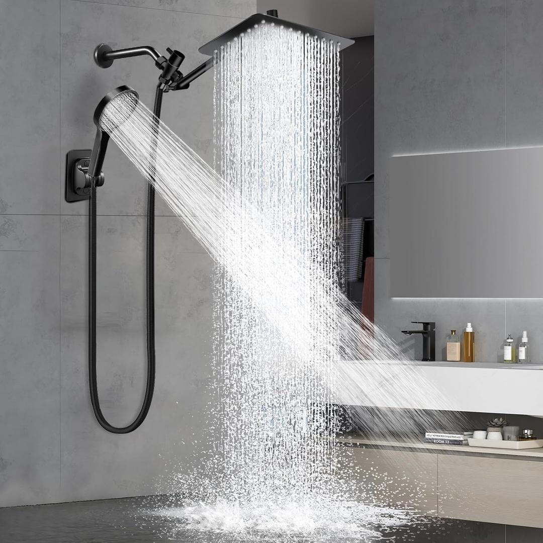 Shower Head,12Rain Shower Head with Handheld Spray Combo with 11'' Angle Adjustable Extension Arm/Flow Regulator/Shower System,High Pressure Rainfall Shower Head Clean Bathroom, Matt Black