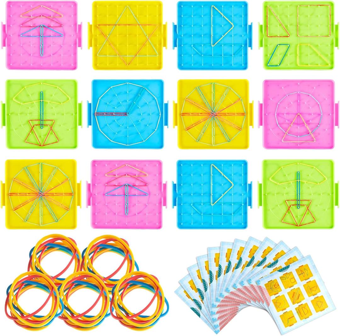 Deekin 12 Pcs Double Sided Geoboard Mathematical Kids Geoboards with Rubber Bands Math Manipulatives Toy for Geometry, 6.9 x 6.3 Inches Classroom Back to School