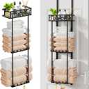 HapiRm Towel Rack Bathroom Storage - 3 Tier Over The Door & Wall Mounted Rolled Towel Racks Holder Organizer with Metal Shelf and 6 Hooks for Small Bathroom, Camper, Rv - Black