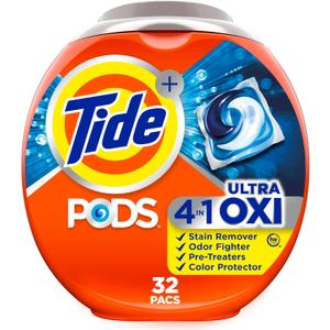 Tide 4-n-1 Ultra Oxi PODS Laundry Detergent Pacs, 32 Count, HE Compatible, Built in Pre-Treater for Stains