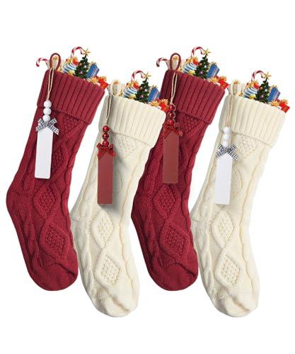 Mr. Pen- Personalized Christmas Stockings with Wooden Name Tags, Set of 4, 18" Red & Cream Cable Knit Stockings for Christmas