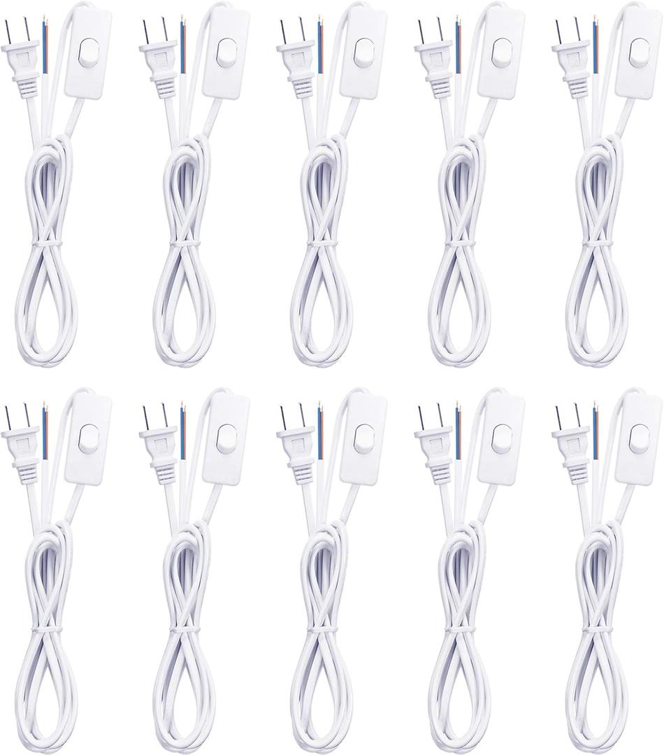 10 Packs Lamp Cord Set with Plug and Switch Pure Copper Extension Lamp Switch Cord Replacement Stripped Ends Ready for Wiring,110-220v, 50w, 6 Feet/1.8m, White