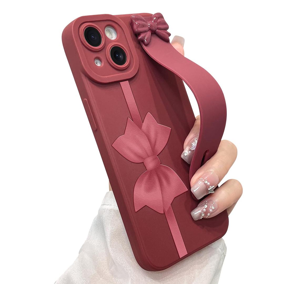 jueaes Cute Bow Case for iPhone 14 with Finger Hand Wrist Strap