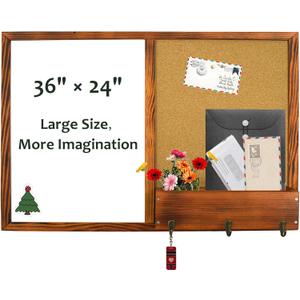 Dry Erase White Board and Cork Board, Magnetic Whiteboard & Bulletin Board Combo, 35.4"23.6"Wall-Mounted Mail Sorter & Key Hooks, Solid Pine Wood Walnut Brown Frame(Mail BB-BN-6090)