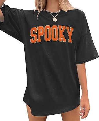 QLIPIN Halloween T Shirts for Women Oversized Spooky Season Shirt Retro Stay Spooky Graphic Casual Short Sleeve Tees 2XL