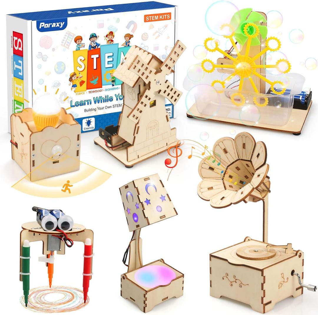 Poraxy STEM Kits for Kids Age 8-10-12, 6 in 1 Science Kits, Wooden 3D Puzzles, Toys for Ages 8-13, Building Projects Crafts Model Kits, Birthday Gifts for Boys Girls Ages 7- 13  Years Old