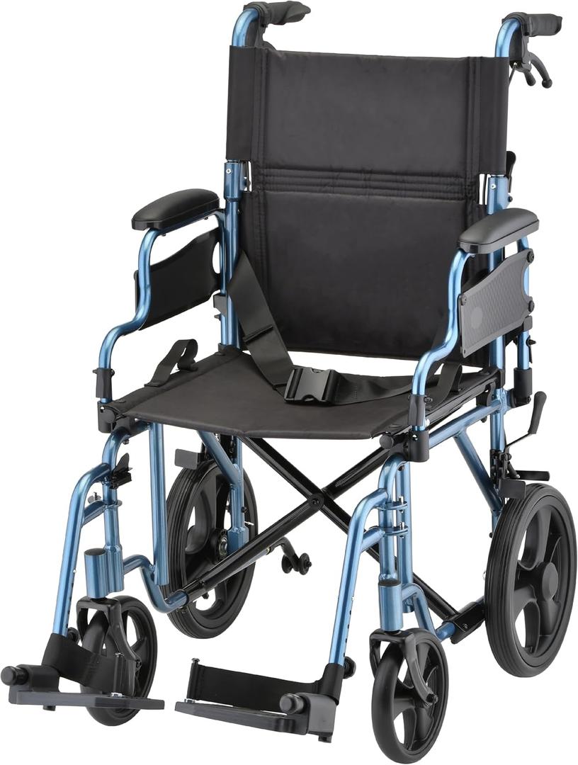 NOVA Transport Chair Lightweight Folding Aluminum Wheelchair with Flip-Up Arms, Locking Handbrakes, 8 & 12 All-Terrain Wheels Collapsible Travel Chair for Adults up to 300 lbs - Blue
