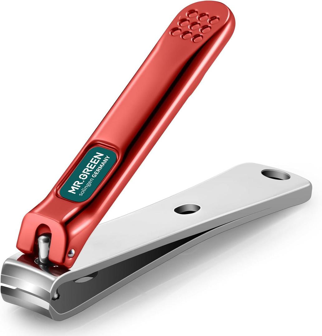 MR.GREEN Nail Clippers Curved Blades Fingernail Cutter Nippers Manicure Scissors Stainless Steel Pedicure Tools with Nail Flies (Medium-Red)