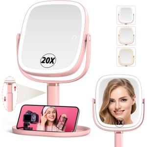 Mocado Makeup Mirror with Lights, 1X/20X Magnifying Mirror with Light, Vanity Mirror with 3 Colors Lights, Height Adjustable Lighted Makeup Mirror, Double Sided 360Rotation, Memory Function (Pink)
