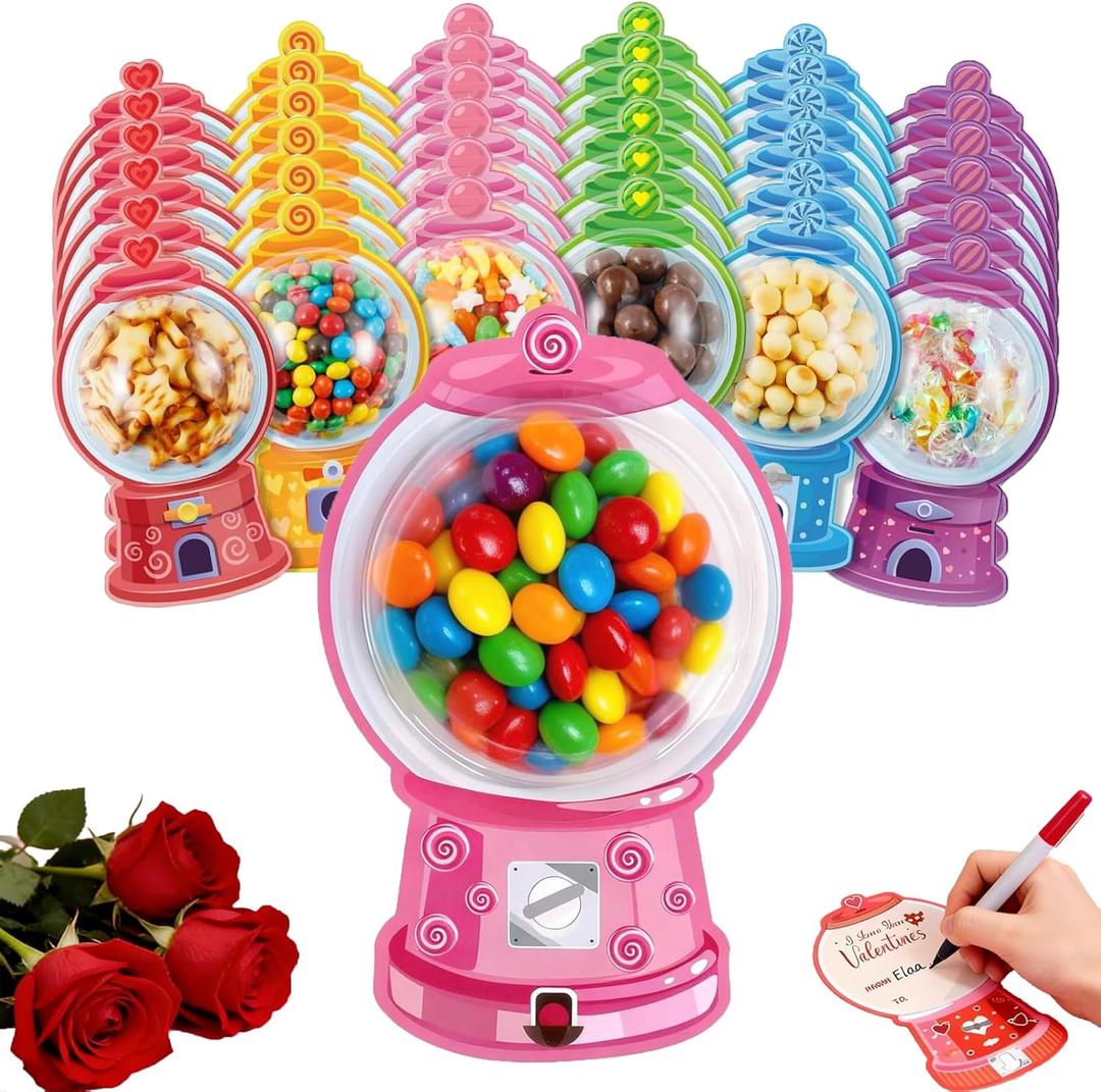 36 Pack Bubble Gum Machine Candy Cards with Plastic Domes, DIY Valentine Treat Holders for Classroom Exchange, Party Favors & Gifts (9 Styles)