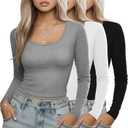 3 Pack Women's Long Sleeve Shirts Scoop Neck Slim Fit Tops U-Neck T-Shirts Basic Casual Tee Layer for Ladies (Black, White, Light Mixed Gray)