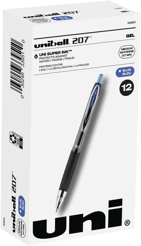 2 x uni-ball 207 Retractable Gel Pens Medium Point, 0.7mm, Blue, 12 Pack