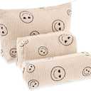 Huhumy 3 Pcs Makeup Bag Set for Women Corduroy Cosmetic Pouch Aesthetic Smile Travel Toiletry Bag Cute Purse Pouch Pencil Case Makeup Brushes Storage Organizer with Zipper(Beige,Smile Face)