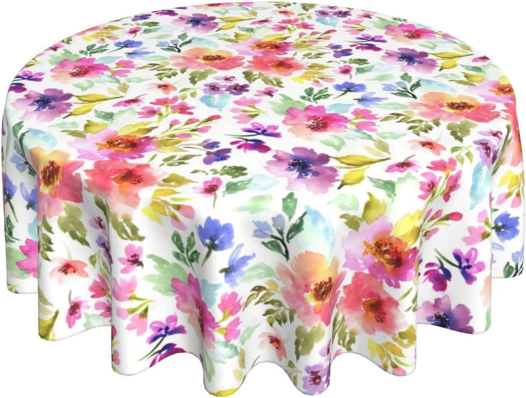 Spring Summer Floral Round Tablecloth 60 Inch Flower Table Clothes Multicolor Rustic Reusable Circle Table Cover for Picnic Party Dining Room Home Indoor Outdoor Decor