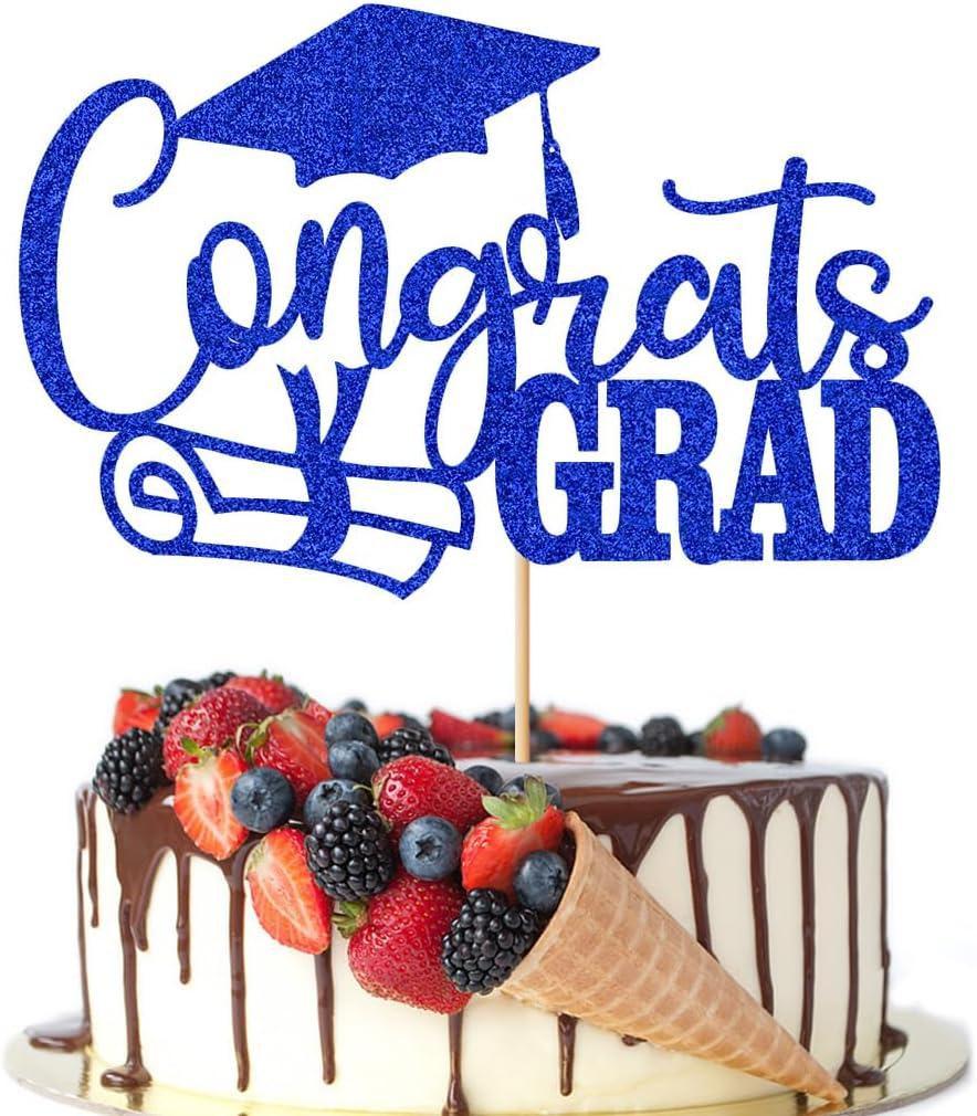 Royal Blue Glitter Congrats Grad Cake Topper,2025 Graduation Cake Topper,Class Of 2025/Graduation Party Decorations/Graduation Cap Cake Topper Decorations