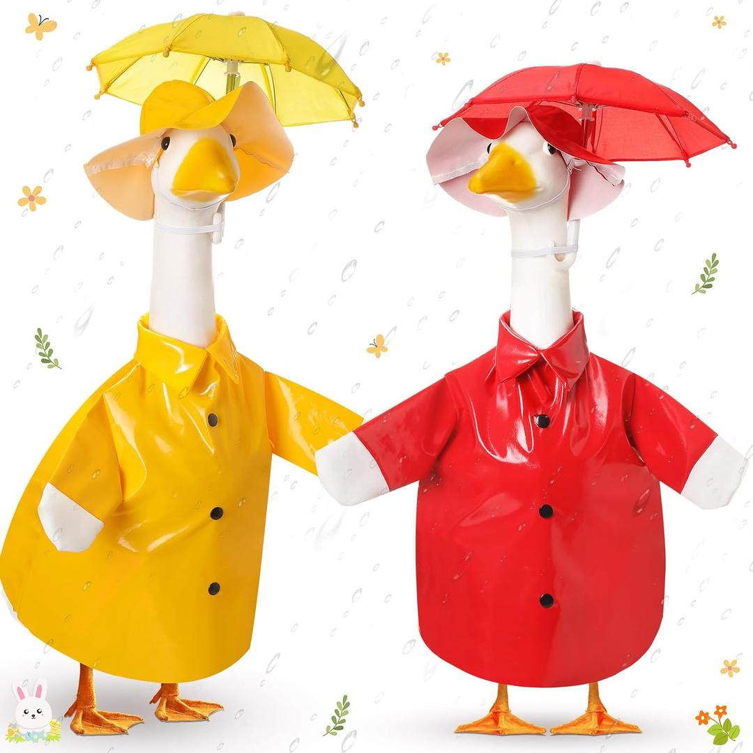 2 Set Porch Goose Outfit Raincoat and Umbrella Spring Lawn Porch Goose Cloths Costume Raincoat Outfit for Spring Outdoor Patio Yard Lawn Decoration(23 Inches,Red and Yellow)