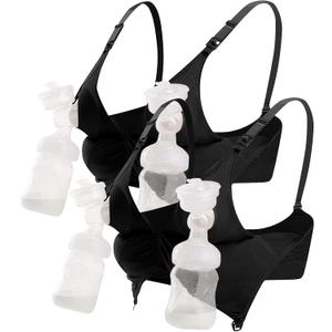 4HOW Pumping Bra Hands Free Nursing Pumping aBra All in One Wireless Padded Maternity Bralette for Large Bust (Black+black)