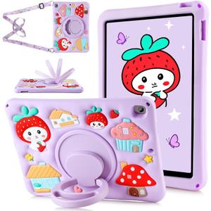 for iPad 9th 8th 7th Generation Case Kids Girls Strawberry Cover for iPad 10.2 Inch with Rotating Kickstand Shoulder Strap Soft Silicon Shockproof Protective Tablet Cover for 9/8/7 Gen 10.2 inch (Patterned Purple)