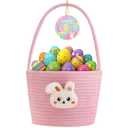 Yeeeasy Easter Basket for Kids, Adorable Plush Bunny Face Woven Egg Hunt Bucket with Handle, Soft First Easter Gift Tote Bag, Nursery Toy Storage Bin with Tag, Pink