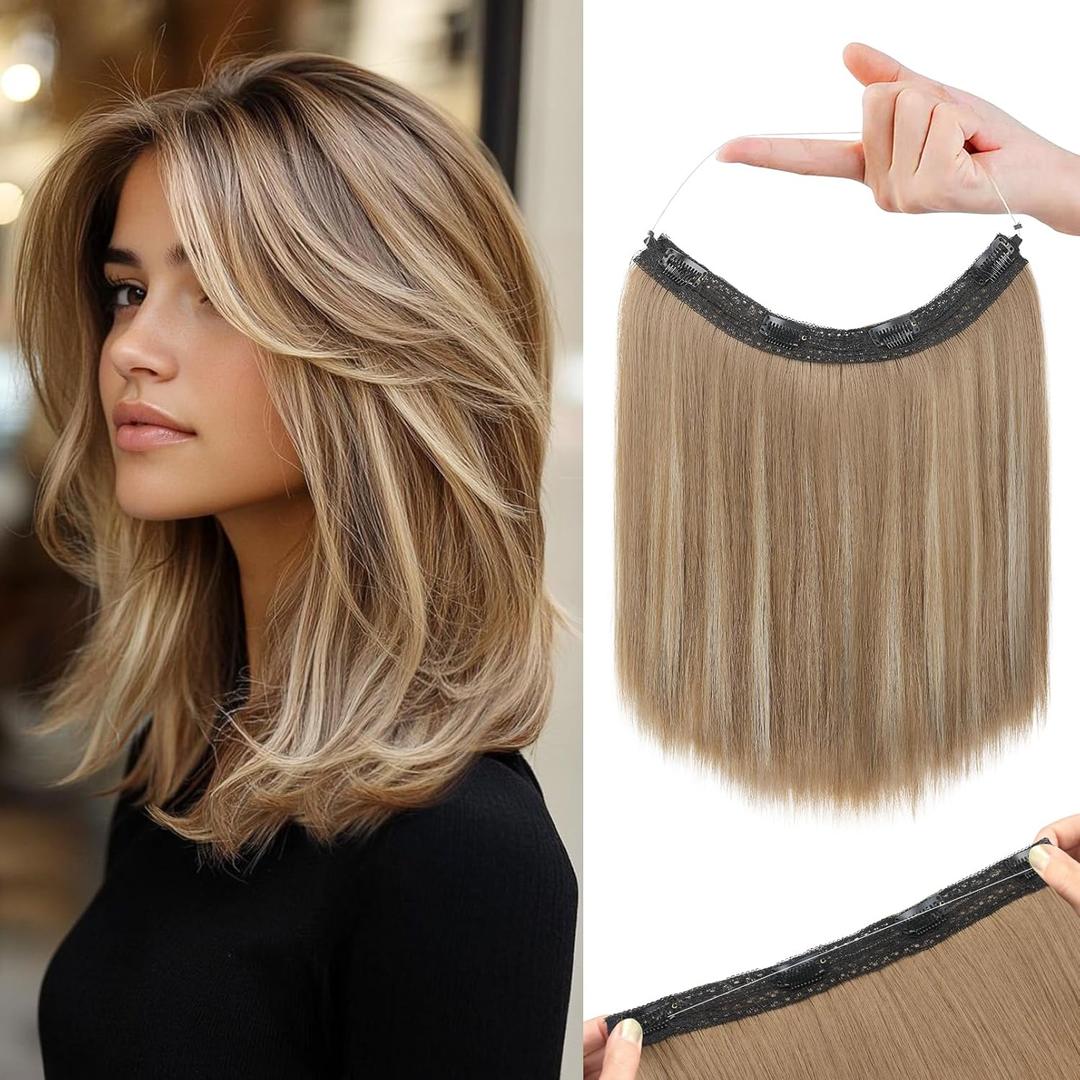 REECHO 12" Invisible Wire Hair Extensions with Thinner Softer Lace Weft Adjustable Size Removable Secure Clips in Short Straight Secret Hairpiece for Women - Dark Ash Brown with Highlights