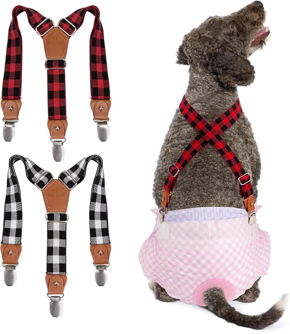 Pet Soft Dog Suspenders 2 Pieces Female Dog Diaper Suspenders for Dogs Diaper Keeper Suspender for Dogs Skirt, Dogggy Dress (Plaid, S/M)